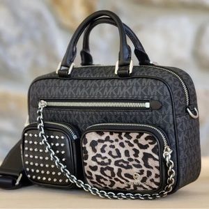 Michael Kors Crossbody Handbag-Black with animal print and metal studs